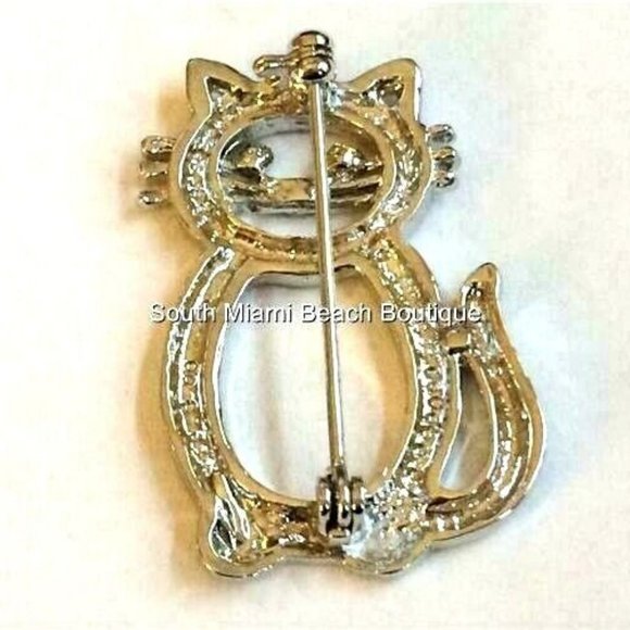 Cat Kitten Pin Brooch Crystal Silver Rhodium Plated Kitty Lady Rescue Vet Gift - Picture 6 of 8